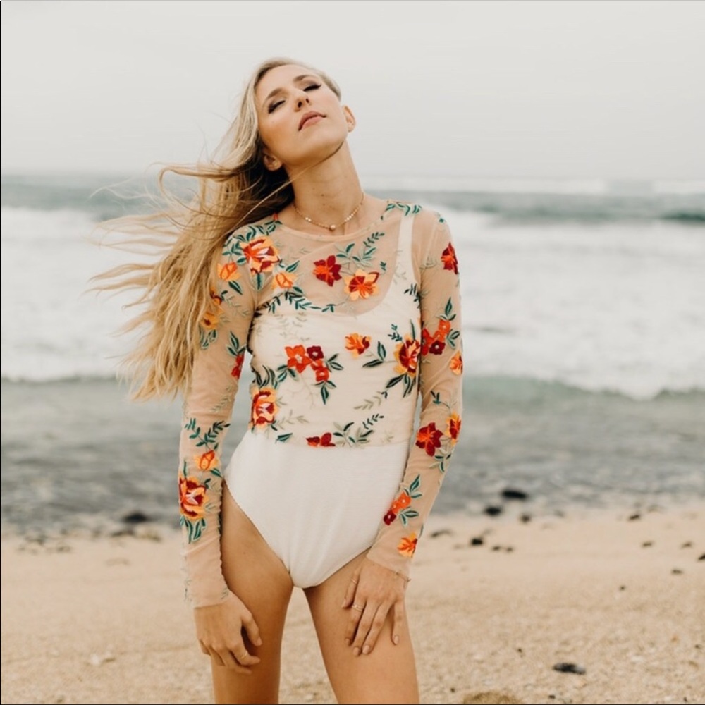 Sheer embroidered floral crop top